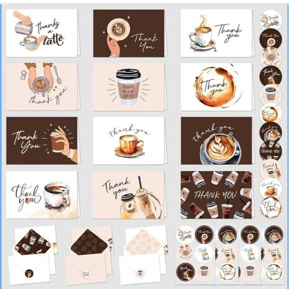 Decorably 24 Pack 6x4in Coffee Thank You Cards, Envelopes, Stickers (12 Designs)